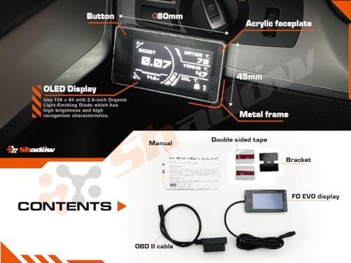 Shadow FD EVO OBD2 Digital Gauge Display - Ultra Slim Futuristic Meter with Cyberpunk Design & High-Tech Look, for 12V & 48V Newer Cars