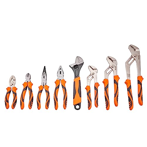 VEVOR 8-Piece Pliers Set with Tool Roll, High Carbon Steel-12"/10"/8" Groove Joint -8"Linesman's -6" Slip Joint Pliers-8" Long Nose Pliers-6" Diagonal Cutter-10" Adjustable Wrench