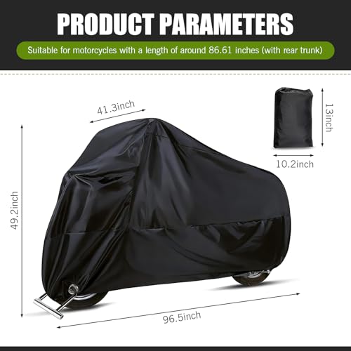 Motorcycle Cover for All Seasons, Full Coverage Waterproof Sun Protection Cover with Storage Bag, Anti-Theft Design Outdoor Protection with Lock-Holes, for Motorcycles (Black)