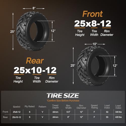 TUFFIOM Set of 4 ATV UTV All-terrain Tires 25x8-12 Front & 25x10-12 Rear, 6 PR, Tubeless - size: 25x8-12 & 25x10-12