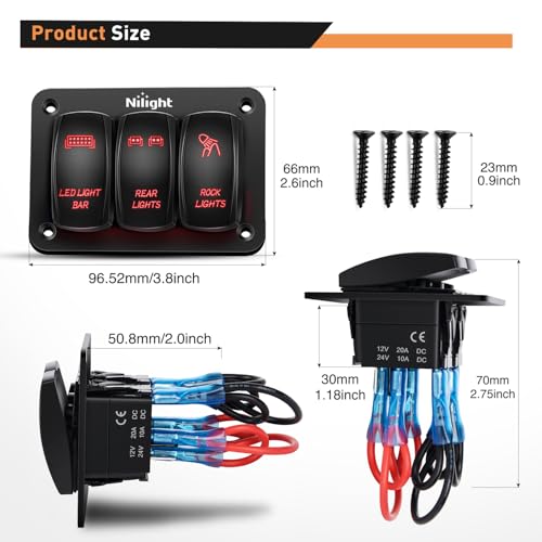 Nilight 3 Gang Rocker Switch Panel SPST On Off Toggle Laser Pattern Red - color: Red, size: 3 Gang