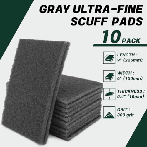 6" x 9" Gray Ultra-Fine Scuff Pads, 10 Pack – Non-Woven Hand Pads for Ultra-Fine Sanding, Cleaning, Scouring, Polishing Prep & Surface Refinement on Auto Body – Reusable Aluminum Oxide Abrasive Pads - color: Gray