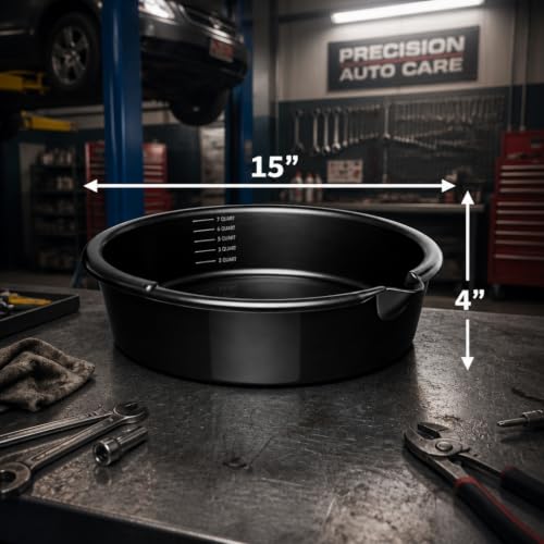 7 Quart Oil Drain Pan, Black Polypropylene Anti-Splash Waste Oil Catch Basin with Built-In Scale & Pour Spout, Portable Low Profile Drip Pan for Car, Motorcycle & Lawn Mower Engine Maintenance