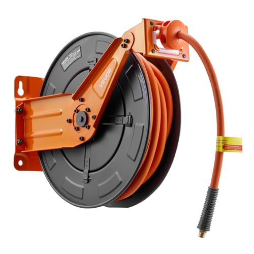 VEVOR Retractable Air Hose Reel, 3/8 Inch x 50 FT Rubber Air Hose Max 300PSI, Auto Rewind Air-Compressor Hoses Reel with 5 ft Lead in, Ceiling/Wall Mount Heavy Duty Steel Double Arm - size: 3/8 in x 50 ft