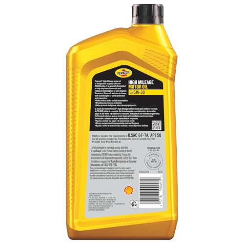 Pennzoil High Mileage 5W-30 Motor Oil, 1 Quart (6 Pack) - size: 1 Quart, style: 6-Pack