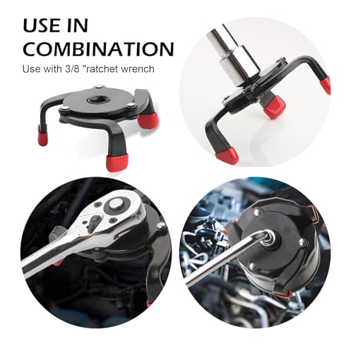 3/8'' 3-Jaw Oil Filter Wrench, Anti-Slip One-Way Flat 3 Jaw Filter Wrench, Universal 3/8'' Drive Steel Removal Tool, Adjustable Oil Filter Removal Tool, Universal for Cars (Black)
