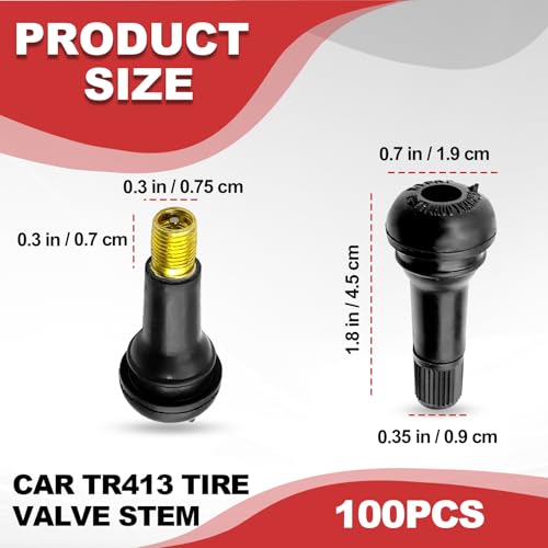 100PCS Car TR413 Tire Valve Stems, for 0.453 Inch Rim Holes, Black Standard Length Replacement Tool, Anti-Rust Snap-in Automotive Tyre Stem Replacement, Universal for RV, SUV, Truck