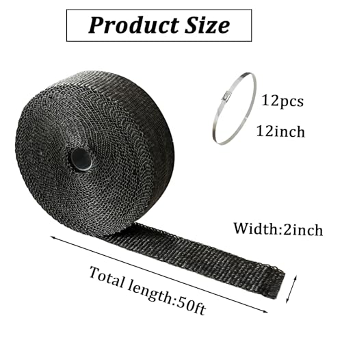 Exhaust Heat Wrap 2in x 50ft with 12 Stainless Locking Ties Black - size: 2'' x 50'