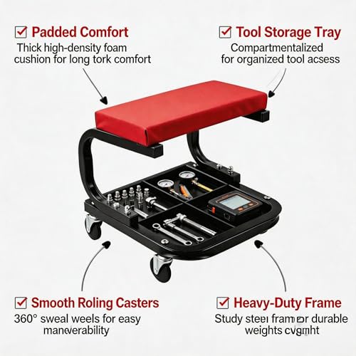 Rolling Creeper Garage/Shop Seat,250 LBS Capacity Heavy Duty Rolling Mechanic Stool with Wheels,Automotive Padded Creeper Seat with Tool Tray Storage for Garage, Shop, Auto Repair