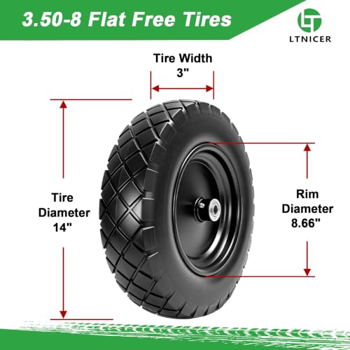 14" Flat Free Wheelbarrow Wheel, 3.50-8 Solid PU Tire with 3" Hub & 5/8" Bearings, Heavy Duty Replacement Wheel for Garden Cart, Hand Truck, Utility Wagon - color: Black