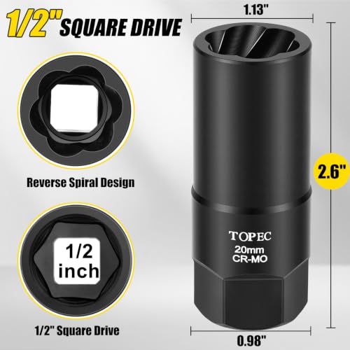 Topec 20MM Deep Lug Nut Extractor Socket - 1/2" Drive Stripped Bolt Nut Remover - size: 20mm