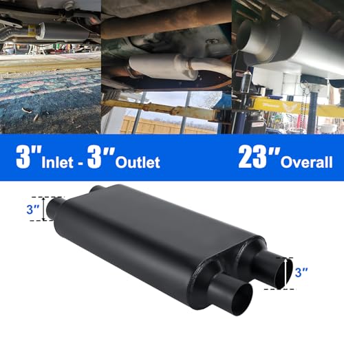 Universal 80Series Mufflers 3.0 Inch Dual Inlet (ID) 3.0 Inch Dual Outlet (ID), 3 Chamber Performance Automotive Muffler Exhaust FH20D20 - color: Black, size: 3"
