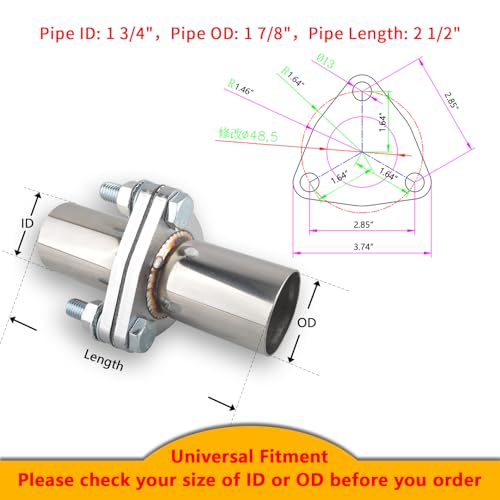 Exhaust Flange Bolts Quick Fix Repair Pipe Kit w/Gasket & Hardware, 1.75'' Inch ID 3 Bolts T304 Stainless Steel Universal Flange Replacement Kit - size: 1.75"ID-3 Bolts