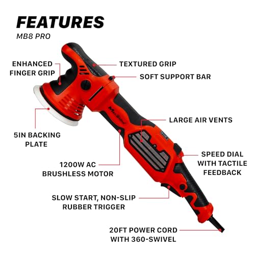 Maxshine MB8 Pro Brushless DA Polisher – 1200W Car Buffer with 8mm Throw, 5” Backing Plate, 5/16”-24 Thread & 6-Speed Control – Auto Detailing Tool for Cars, Trucks, SUVs & Boats, Swirl Removal - color: 5" Brushless Dual Action