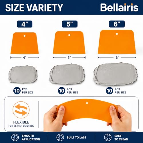 30-Pack Automotive Applicator Body Filler Spreaders for Car Fillers, Putties, Glazes, Caulks and Paint, Trapezoid – 4", 5", & 6" Plastic Spreader Tools (10 Each Size) Reusable Car Repair Kit
