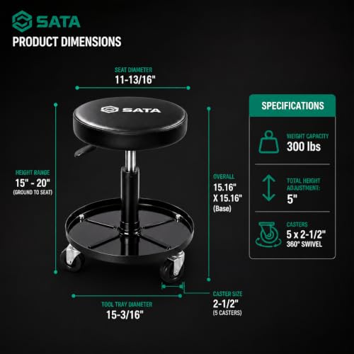 SATA Adjustable Rolling Shop Stool with Wheels, Heavy Duty 300 lbs Capacity Mechanics Chair, Rolling Garage Stool for Seated Work, 385mm Seat, 390mm Height