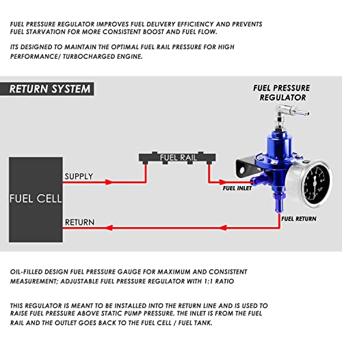 Auto Dynasty 160psi Adjustable Aluminum Fuel Pressure Regulator+Oil Filled Gauge (Blue) - color: Blue