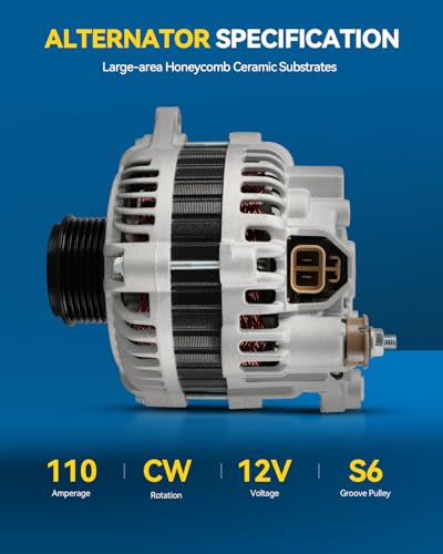 PHILTOP Alternator Compatible with 2003-2006 G35 2003-2006 350Z 2003-2008 FX35 2004 Pathfinder, 110 Amp Alternator Replace 11052N 11052 110528 23100CD010 90273302 12V 110Amp CW 6-Groove Pulley - size: 11052N
