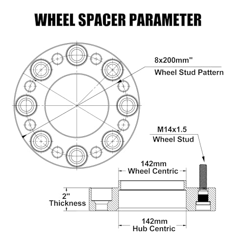 FLYCLE 8x200 Hubcentric Wheel Spacers, 2 inch 8x200mm Wheel Spacer M14x1.5 Studs & 142mm Hub Bore for Front Wheels 2005-2025 F350 Super Duty DRW, 2019-2025 Ram 3500 DRW