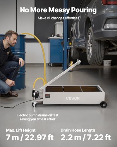 VEVOR Low Profile Electric Oil Drain Pan, 20 Gal Capacity, Rolling Oil Drain Pan with 110V High-Flow Pump, 7.2 ft Hose & T Folding Handle, Leak-proof & Corrosion-resistant, Fit for Trucks, ATVs, White - color: white