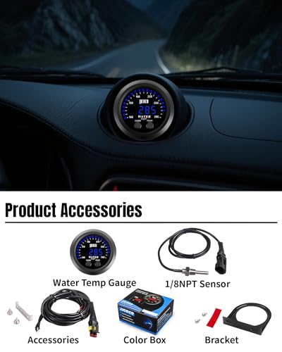 Water Temperature Gauge with 1/8NPT Sensor & Bracket 300°F Digital LED Display Water Coolant Temperature Gauge for Cars Trucks Ships Vehicle Automotive Boat Marine 2”/52mm - color: Blue
