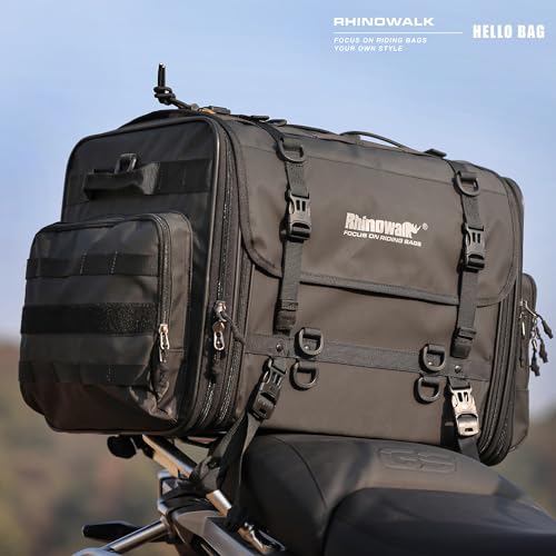 Rhinowalk Motorcycle Tail Bag Expandable Motorcycle Travel Luggage 80L Waterproof All Weather/Trunk/Rack Bag with Sissy Bar Straps-Black - size: Black 60-80L