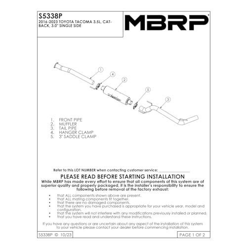 MBRP S5338P 3" Cat Back, Single Side Exit for Toyota Tacoma, Aluminum