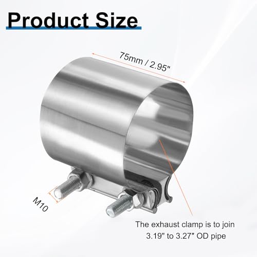 HARFINGTON Exhaust Clamp 3.27" Stainless Steel Lap Joint Band Clamp Exhaust Pipes Connection with M10x55.5 Screws for Car Muffler Elbow Pipes - size: 3.27 inch