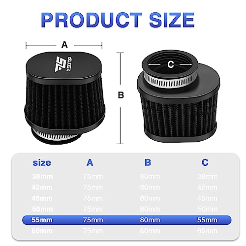 2PCS Motorcycle Air Filter Universal 55MM Replacement Engine Filter High Performance Air Filters Fit Motocross Carburetor Cleaner for Pit Bike Scooter Moped ATV (Black) - color: black, size: 2PCS(55MM)