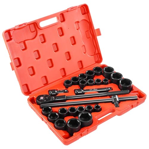 VEVOR Impact Socket Set, 3/4 Inches Socket Assortment, Drive Socket Set Impact Standard SAE (7/8 Inches to 2 Inches) & Metric Sizes (22 mm-50 mm), 27 Piece Standard Impact Sockets - size: 3/4" 27 PCS