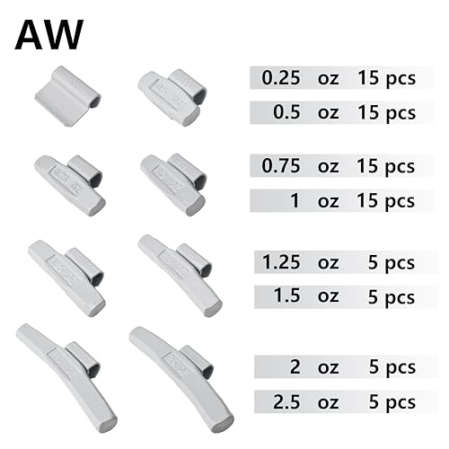 AW-M80 Wheel Weight Kit AW Style Grey 80 pcs/kit: 1/4 oz, 1/2 oz, 3/4 oz, 1 oz 15 pcs Each, 1 1/4 oz, 1 1/2 oz, 2 oz and 2 1/2 oz 5 pcs Each - size: AW-M80