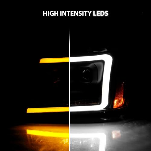 AmeriLite for 2007-2013 Chevy Avalanche/Suburban/Tahoe Switchback LED Tube Turn Siganl Projector Black Replacement Headlights Pair - Passenger and Driver Side - color: Black Projector Switchback LED Bar