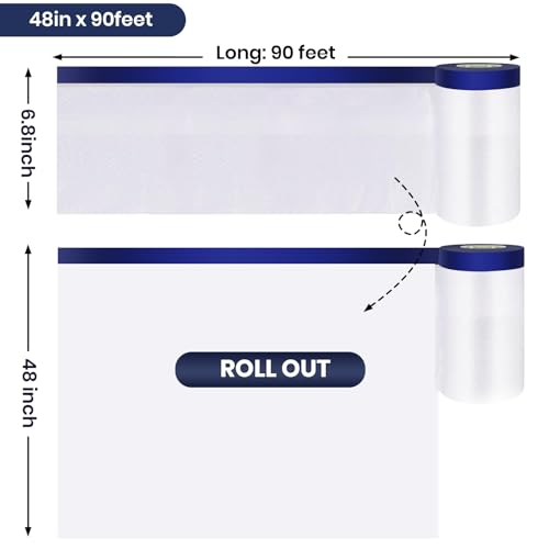 ADHES Painters Plastic with Tape 48 inch x 90 feet x 3 Rolls - size: 48inch