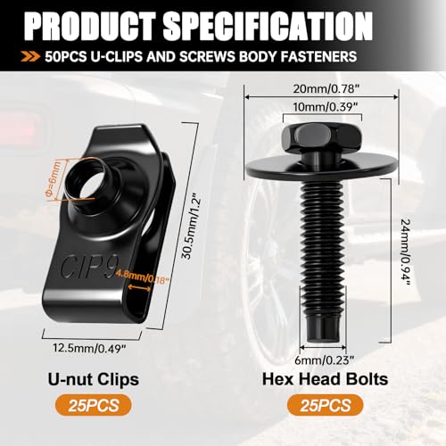 mankk 50PCS M6-1.0 Fender Liner Screw and U-Nut Clips Kit - color: Black-M6-1.0 Kit