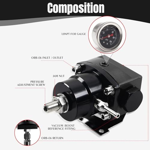 EFI Fuel Pressure Regulator Kit 0-100psi with Gauge 6AN Fuel Line Fitting Universal Adjustable Aluminum (Black) - color: black