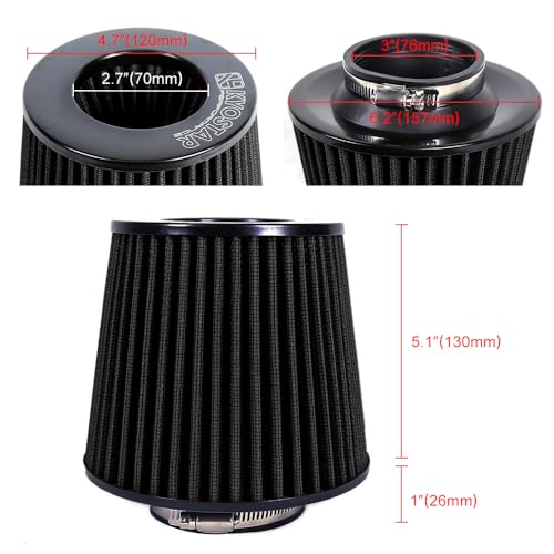 KYOSTAR Universal 3" (76mm) High-Flow Air Filter, Reusable Cone Cold Air Intake, High Performance, Washable, Clamp-On Car High Flow Dry Air Kit, Flange Diameter: 3 Inch, Filter Height: 6.1 Inch, Black - color: 76mm Black Air Filter