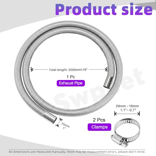 Swpeet 3Pcs 1" x 79" - 25mm x 200cm Stainless Steel Diesel Heater Exhaust Pipe with 18mm-29mm Hose Clamps Kit, Fuel Tank Air Heater Diesel Gas Vent Hose Exhaust Tubing for Car Vehicle - size: 200cm Without Exhaust Muffler