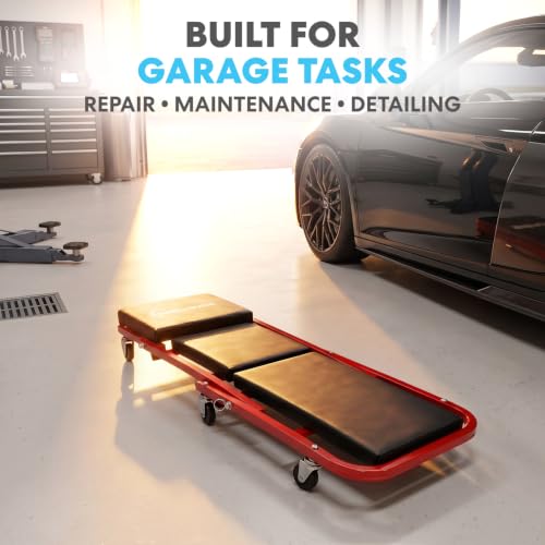 SIMPLI-MAGIC Foldable Z Creeper 2-in-1 Rolling Car Creeper & Seat, Adjustable Roller Garage Chair Lay Down or Sit, 330LBS Capacity Low-Profile Under Car Creeper with 6 Swivel Casters, Red - color: Red