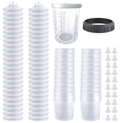 Disposable Paint Spray Gun Cup System for HVLP Paint Spray Paint Gun, Standard 27 Ounce (800ml) Kit with 50 Cups and Lids, 1 Hard Paint Mixing Cup with Retainer Ring and 20 Plugs. - color: Dis-800m1-50pcs
