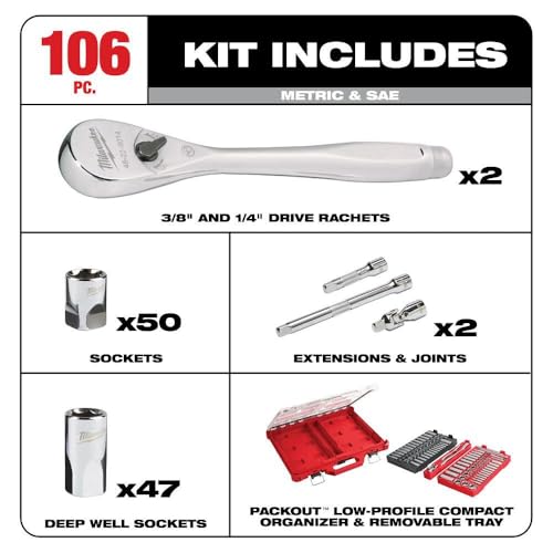 Milwaukee Electric - 1/4-3/8 106PC Rat. and Socket Set in PKOUT SAE-MM