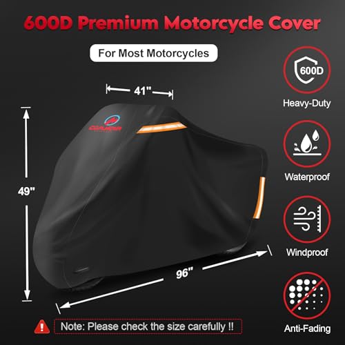 Comnova Motorcycle Cover 96 Inch - 600D Outdoor Motorbike Cover Waterproof with Lock Hole, Universal Fit for Harley, Honda, Kawasaki, Full Protection, Moped Covers for Motorcycle Vehicle Up to 96" - color: Basic - Black, size: 96 Inch