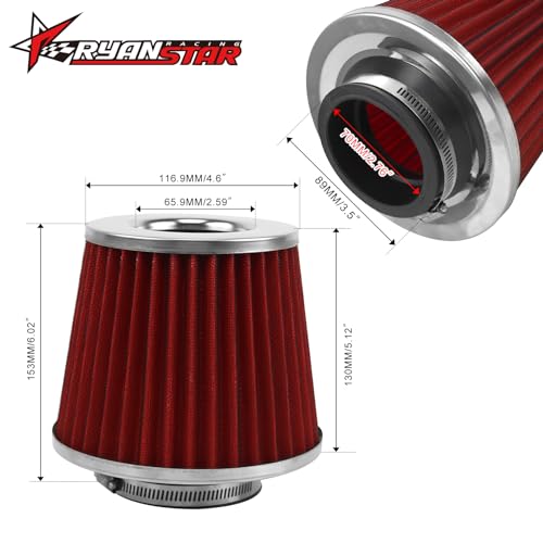 RYANSTAR RACING 2.75 Inch Cone Air Filter 70mm High Flow 154mm Tall - color: red, size: 2.75" Short