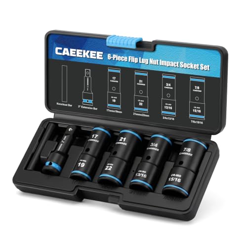 1/2" Drive Flip Lug Nut Impact Socket Set, 6PCS Dual-End Thin Wall Socket, Metric & SAE, 17, 19, 21, 22, 3/4", 13/16", 7/8", 15/16", CR-MO Steel, Includes 3" Extension Bar & Knockout Bar - size: 6PCS Standard Metric & SAE