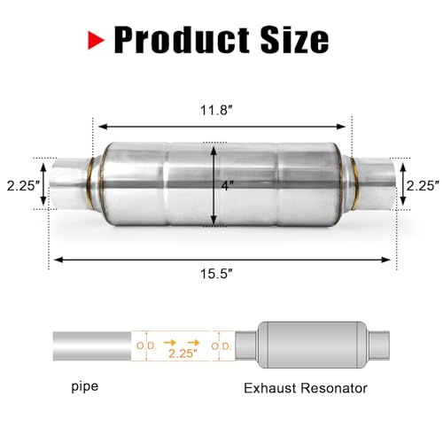 Stainless Steel 2.25 Inch Resonator Exhaust, Performance 2.25" Muffler Exhaust (Polished) - size: 2.25" OD