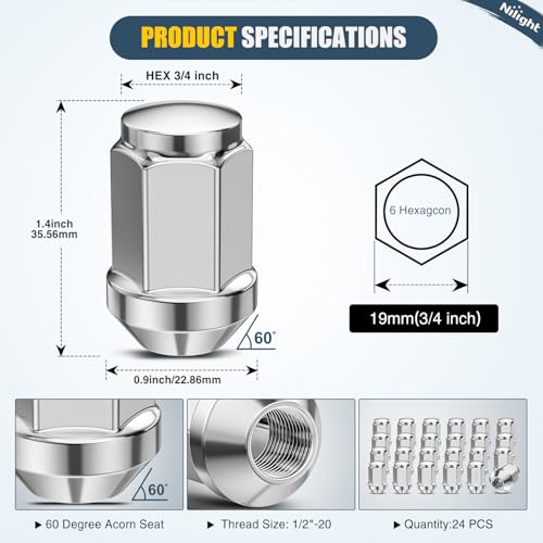 Nilight 24PCS 1/2-20 Lug Nuts Compatible with 1987-2017 Wrangler YJ TJ JK - color: Silver, size: 24PCS Jeep Wrangler 1987-2017 Ranger 1983-2011