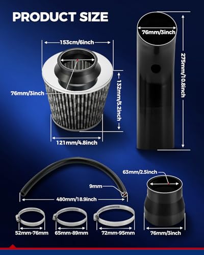 KAX 3" Universal Cold Air Intake Kit (Black) - color: Black, size: 2006-2011 Honda Civic 1.8L