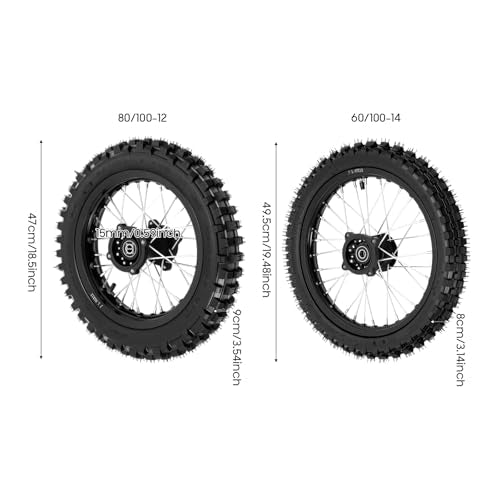 80/100-12 60/100-14 Aluminum Dirt Bike Wheels with Tires Set, Front & Rear, Replacement for Off-Road Motorcycle, Durable DIY Electric Bike Conversion Kit for Adults, Teens, Outdoor Riders
