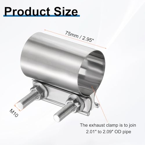 HARFINGTON Exhaust Clamp 2.09" Stainless Steel Lap Joint Band Clamp Exhaust Pipes Connection with M10x55.5 Screws for Car Muffler Elbow Pipes - size: 2.09 inch