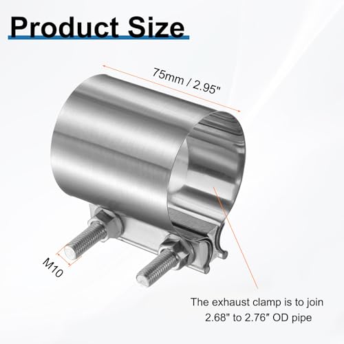 HARFINGTON Exhaust Clamp 2.76" Stainless Steel Lap Joint Band Clamp Exhaust Pipes Connection with M10x55 Screws for Car Muffler Elbow Pipes - size: 2.76 inch