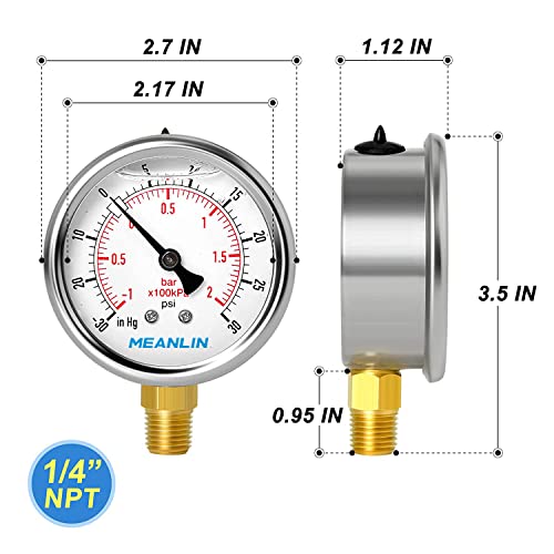 MEANLIN MEASURE -30inHG~30Psi Stainless Steel 1/4" NPT 2.5" FACE DIAL Vacuum Pressure Gauge, Lower Mount (Pack of 2), with 1/2" NPT and 3/8" NPT Hex Bushing - size: -30inHG-30Psi (2Pcs)